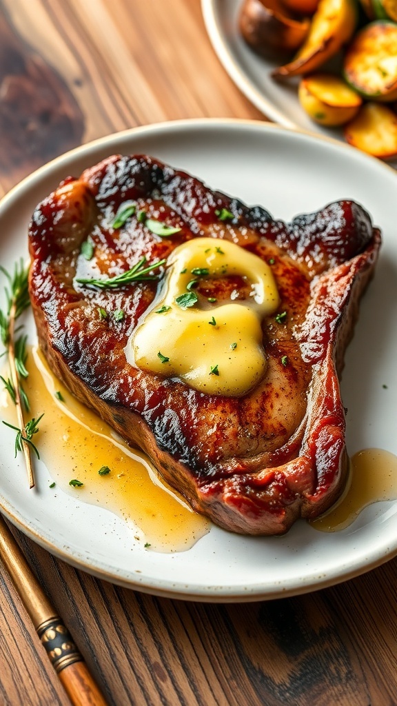 A perfectly cooked garlic butter steak garnished with herbs on a rustic table with roasted vegetables.